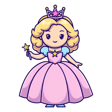 Glinda the Good Witch with long blonde curly hair, sparkling tiara, puffy pink ballgown, and magic wand with star sticker
