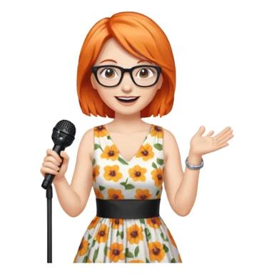 singer, Middle age, orange hair, happy, holding mic, wearing dress, glasses sticker