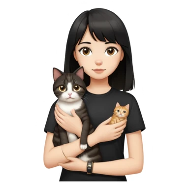 A girl with black long hair and middle-parted bangs, wearing a black short-sleeved shirt, a brown bracelet on her right wrist, white skin, holding a tabby cat, the cat is standing upright sticker