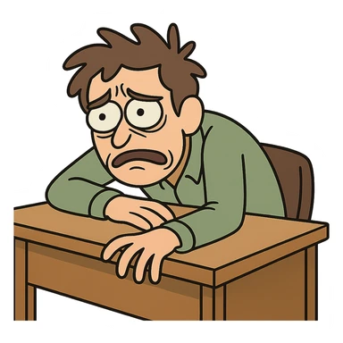 a person slumped over a desk, looking desperate, cartoon style sticker