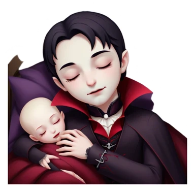 Meme-Worthy Cute Sleeping Vampire Portrait Emoji, with a refined, small, pale face softened by closed, serene eyes and a slight, peaceful smile, adorned in miniature elegant dark attire with a hint of fading crimson, simplified yet irresistibly adorable, highly detailed with a soft ethereal outline that captures the drowsy charm of a vampire in quiet nighttime slumber! sticker