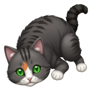 solid dark grey cat with green eyes, white toes/paws playfully rolling upside down sticker