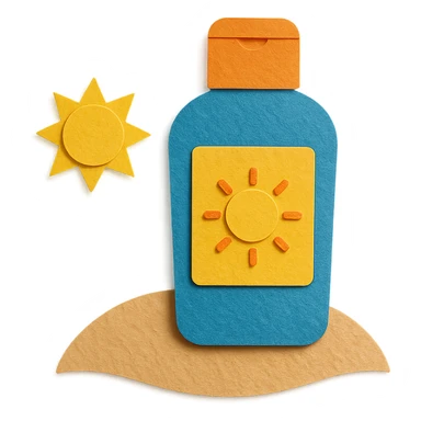 illustration of a sunscreen bottle with a sun icon on a sandy beach, bright colors, paper-craft style sticker