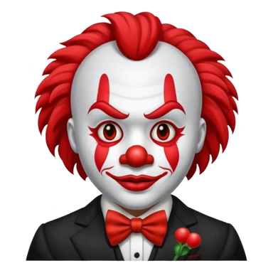 Crea un payaso que tenga toda la cara absolutamente toda la cara blanca, junto con la parte del pelo que sea blanco, pero que no tenga pelo con unos cuernos negros y que tengo un traje de payaso negro con rojo sticker