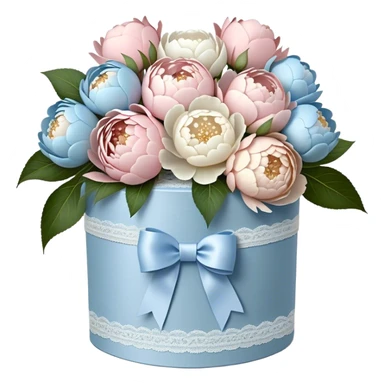 A vintage hatbox, wrapped in an ivory lace bow, holds a carefully arranged selection of blush-white and pale blue peonies, their petals unfurling like whispered secrets. A wide, pearl-adorned ribbon encircles the arrangement, its elegant bow tied with effortless grace. The edges of the ribbon flutter gently as a soft breeze drifts through the open window, carrying the delicate fragrance of fresh blooms into the air.

 sticker