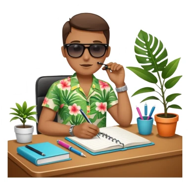 DE VACACIONES y detrás un escritorio moderno, con una notebook, una agenda y una planta con una flor sticker