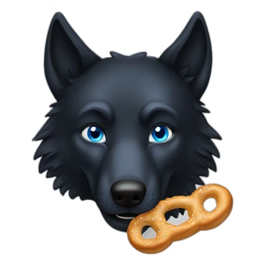a full black wolf with blue eyes eats a bretzel sticker