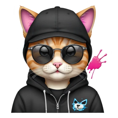 cat wearing a black snapback cap and black hoodie, with black sunglasses positioned low on his nose, winking one eye while looking directly at the viewer over the top of his sunglasses with a mischievous expression, doing graffiti with spray paint sticker