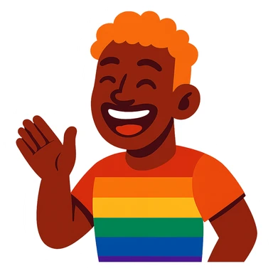 joyful gay Black man with ginger hair, smiling, vibrant cartoon style sticker