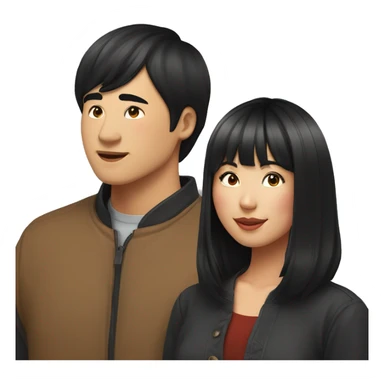 asian woman with black shoulder length hair and bangs kissing asian man with short black hair smiling sticker