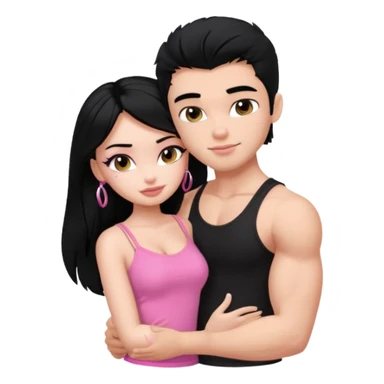 a pretty bratz fair girl. black hair, wearing a pink cami top, she is hugging a handsome fair guy with black hair. lean but muscular.the boy is wearing a black tshirt sticker