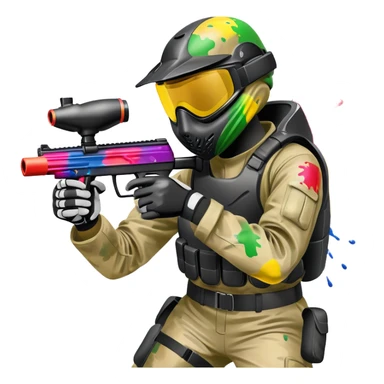 A paintball player in full gear, aiming a paintball gun with focus and determination. The scene includes vibrant splashes of paint and a dynamic battlefield setting, emphasizing action, strategy, and teamwork in a competitive environment sticker