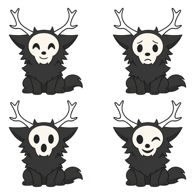 Create a series of emoji featuring this wendigo character in different expressive poses: happy, sad, surprised, and mischievous. Keep the style consistent with the original image, including the antlers, and ensure no background is present. sticker
