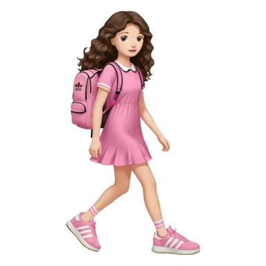 aestethic brunette very,very,very long wavy hair walking with a school backpack, with a cute pink dress, adidas samba shoes sticker