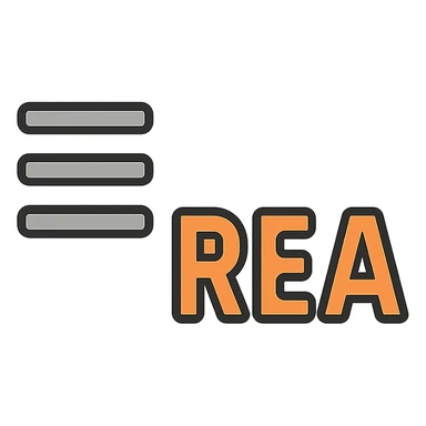 symbol of three grey horizontal lines, then the text 'REA' in orange capital letters, styled as an icon, clean and modern style sticker