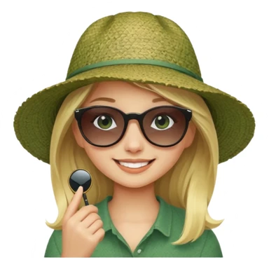 blonde girl in dark green straw hat adjusting sunglasses sticker