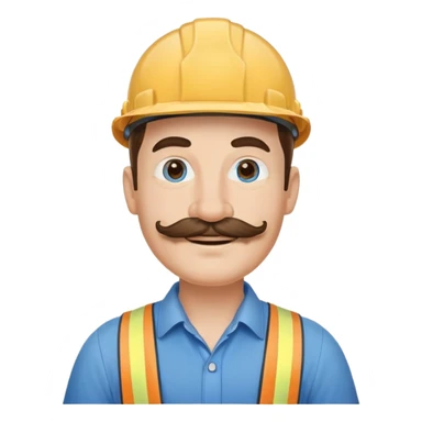 Construction owner, well dressed, blue shirt, mustache, happy sticker