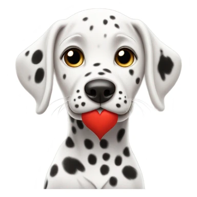 Dalmatian puppy holding a heart sticker