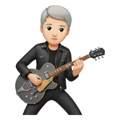 a short grey hair, middle age metal head with black leather, playing a classic epiphone eletric guitar sticker