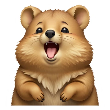 cinematic-realistic  yawning quokka-emoji,-small-round-frame, head tilted in an endearing manner, wouth wide open yawning, sleepy comical smile, round fluffy cheeks, giant-fluffy-cheeks-large-smile-fluffy-brown-fur-radiating-a-warm-softness,-big-round-eyes-filled-with-joy, realistic round  fluffy zoomed in, large black eyes one paw raised in the air sticker