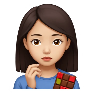 A young Asian female with a gloomy expression, thinking of chocolate sticker