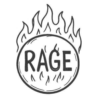 hand-drawn style emoji with a gradient red background, dark center, 'RAGE' in red text, fire effects around the text sticker