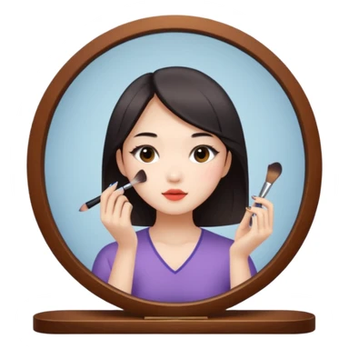 A chinese girl is prettying herself in front of mirror and the mirror reflects her face sticker