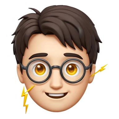 3D emoji of Harry Potter's face with round glasses, a lightning bolt scar on his forehead, messy dark hair, and a friendly smile in glossy emoji style. sticker
