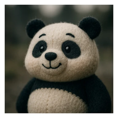 plush portrait of a cheerful panda with round cheeks, black and white fur, and a playful look sticker