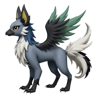 Dark-deep-colored gryphon-Trico-Nargacuga-Absol-Leafeon-Sprigatito-Silvally-fusion-hybrid with a long tufted tail, black beak, black claws, black tail, majestic, realistic, furry (full body) sticker
