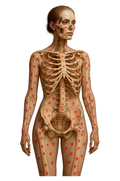 corpo umano anatomico di una donna affetta da fibromialgia, red spot sparsi sulle sue ossa, iperrealistica 4k sticker