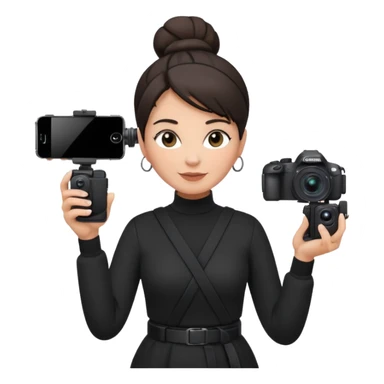 middle aged woman photographer with dark hair in a bun, wearing black clothes, carrying a canon r5 and an iPhone on a gimbal sticker