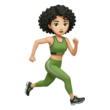 a woman with olive skin tone and curly black hair wearing green and running fast sticker