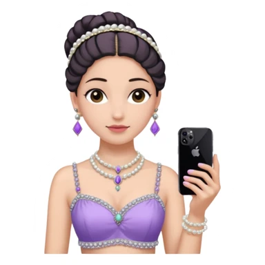 Make a girl standing in mirror in lavender lengha holding a iphone 16 pro max make her hair tie back side and a white pearl necklace  sticker