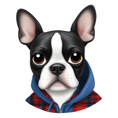 Boston terrier in a blue white red plaid hoodie ￼ sticker