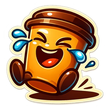 Tall coffee cup, laughing hard, tears in eyes, rolling on ground, dramatic laugh sticker