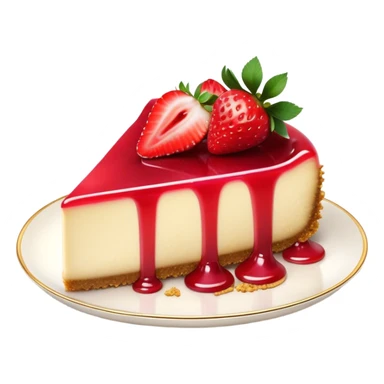 Cinematic creamy cheesecake, smooth and velvety, topped with fresh strawberries and a glossy fruit glaze, golden crumbly crust, beautifully plated, soft glowing background, indulgent and elegant. sticker