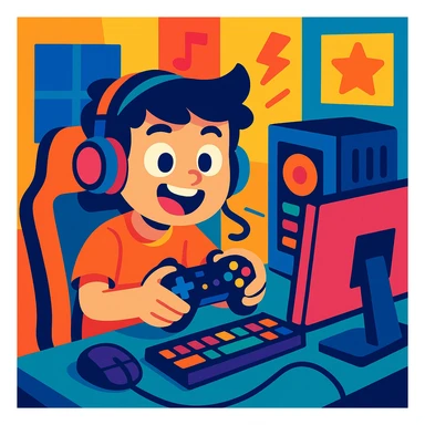 a young boy with a gaming setup, vibrant and playful style, colorful, energetic, fun, modern sticker