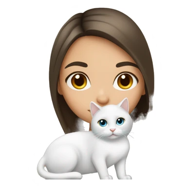 straight hair brunette girl kissing white cat with heterochromia eyes sticker