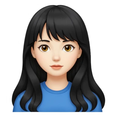 girl with long wavy black hair, straight bangs, white skin sticker