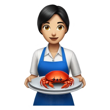 waiter girl with black hair with fair skin in a blue apron holds crab in a plate sticker