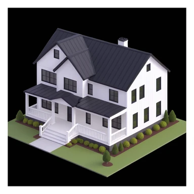 modern farmhouse with white siding, black roof and black trim, isometric exterior view sticker