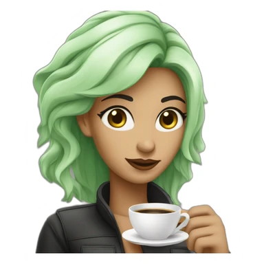 Mulher branca de olhos verdes e cabelo preto tomando café sticker