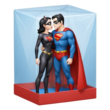 Isolated, ultra detailed illustration of the most incredibly realistic and sensual appearance, DC Hero Catwoman and superman kissing, full body view, center of image
figurine imaginable in plastic translucent cardboard box, toy style. sticker