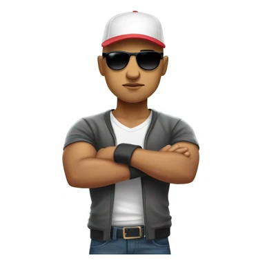Bald Mexican young man with round face a baseball cap and dark cool sunglasses looking tough huge muscles sticker
