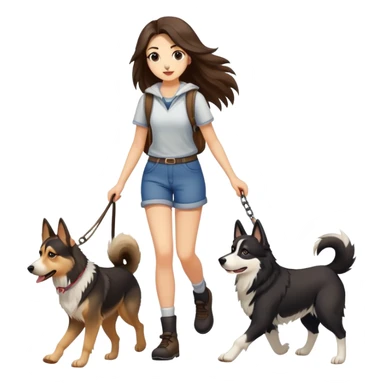 A long-haired girl walks three dogs, a German Shepherd, a Husky, and a Border Collie sticker