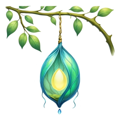 magical organic cocoon suspended from a branch, green-blue cocoon lit up, swirling yellow magic, ethereal and mystical, symbol shape, gentle green-blue hues sticker