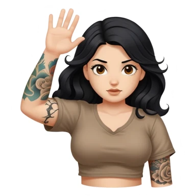 A girl with fair skin and a little fat - long black hair with big waves - tattoos on her upper arms - wearing a brown navel-revealing short-sleeved shirt sticker