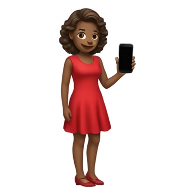 a girl in a red dress holding a cell phone sticker