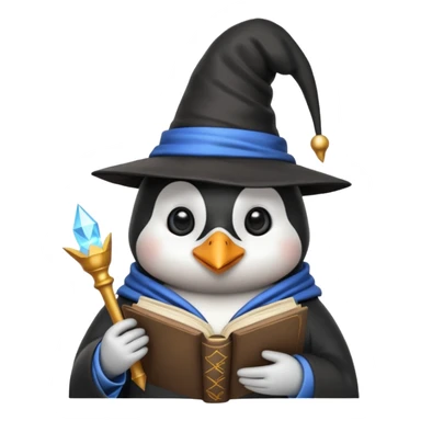 penguin wizard with a pointed hat and magical book sticker